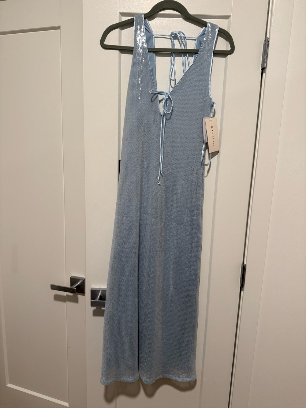 Sleeveless Light Blue Sequin Maxi Dress with Tie Back